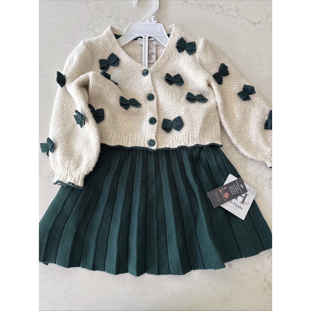 Haute Hippie Baby Girl Sweater Skirt Set Ivory Metallic 12M Green Bows Xmas New
